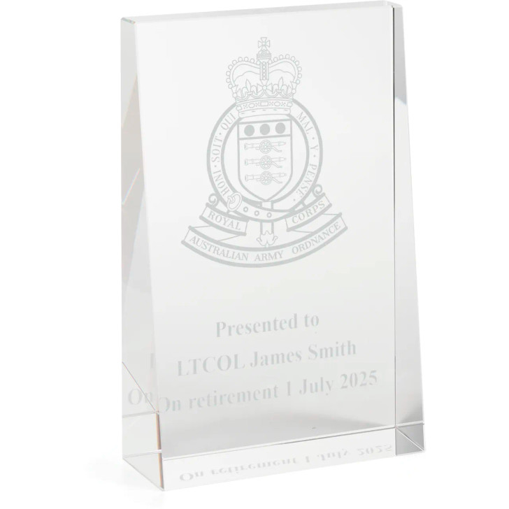 Royal Australian Army Ordnance Corps (RAAOC) Glacier Glass Award in Gift Box