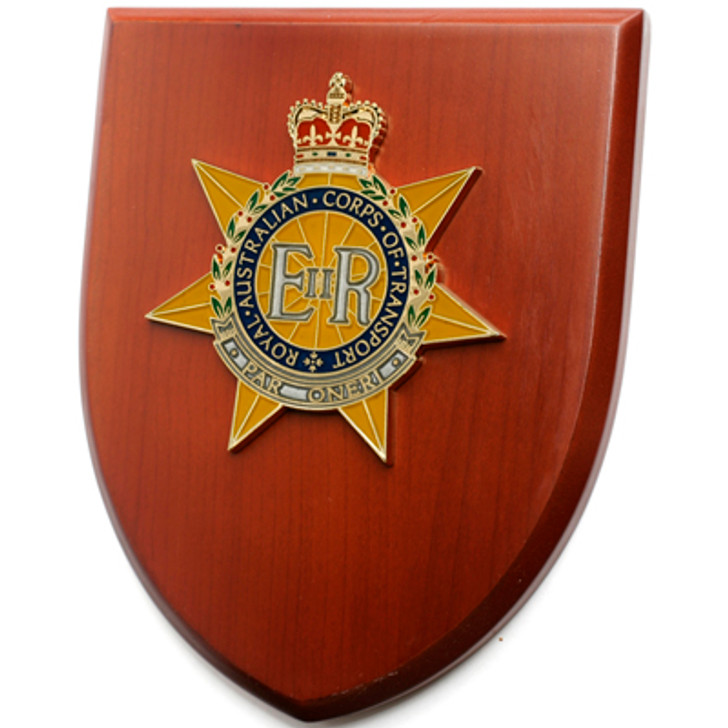 RACT Plaque RACT Plaque An Exceptional Royal Australian Corps of Transport (RACT) Plaque order now. This beautiful plaque features a 100mm full colour enamel crest set on a 200x160mm timber finish shield. Presented in a styl