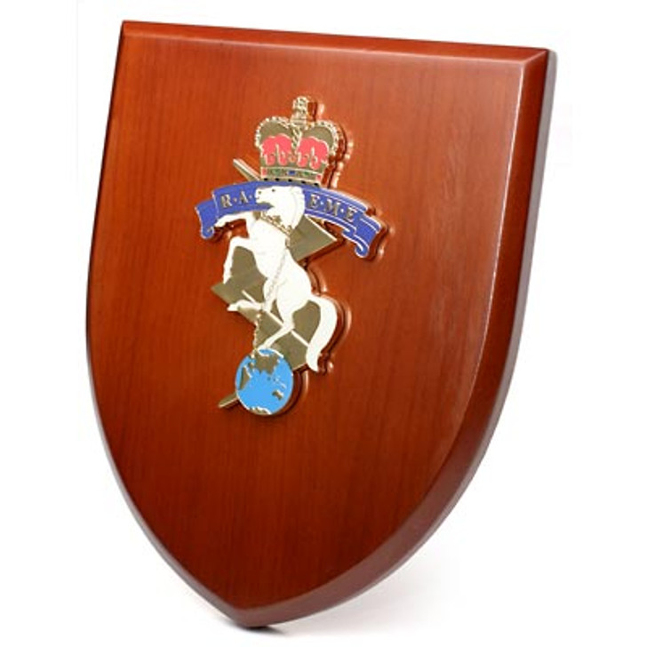 RAEME Plaque An Exceptional Royal Australian Electrical and Mechanical Engineers (RAEME) Plaque order now. This beautiful plaque features a 100mm full colour enamel crest set on a 200x160mm timber finish shield. P