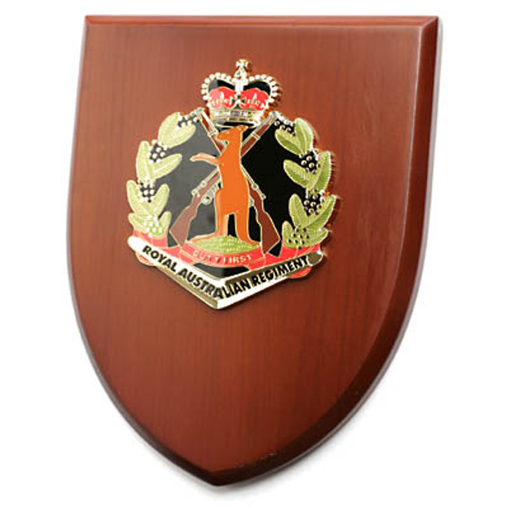 RAR Plaque An Exceptional Royal Australian Regiment (RAR) Plaque order now. This beautiful plaque features a 100mm full colour enamel crest set on a 200x160mm timber finish shield. Presented in a stylish silver