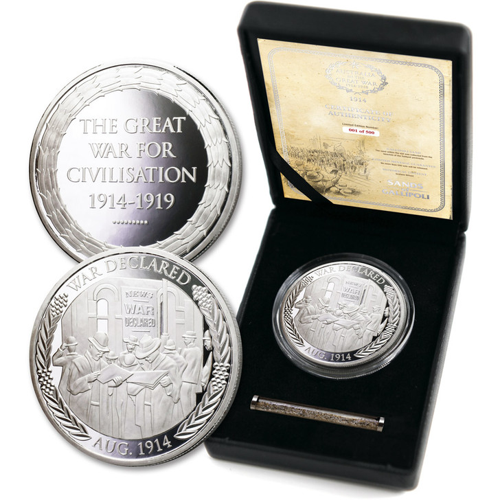 Great War-War Declared Ltd Medallion SoG 14 Great War-War Declared Ltd Medallion SoG 14 The beautiful Sands of Gallipoli 2014 release War Declared Limited Edition Medallion from the military specialists. Following England's declaration of War on Germany on 4 August 1914, Australians rall