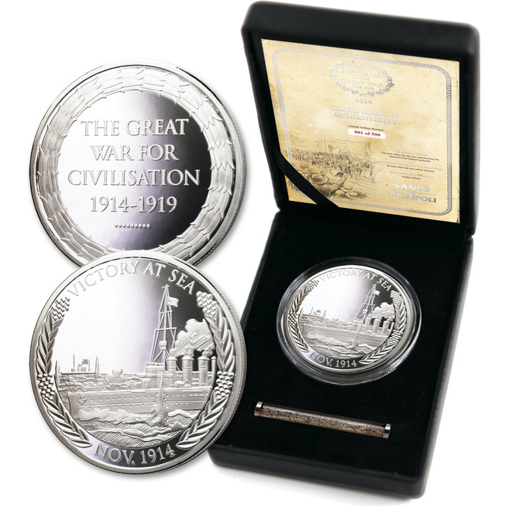 Great War-Victory at Sea Ltd Medallion SoG 14 Great War-Victory at Sea Ltd Medallion SoG 14 The beautiful Sands of Gallipoli 2014 release Victory at Sea Limited Edition Medallion from the military specialists. On the morning of 9 November 1914, as the troop convoy carry the first contingent