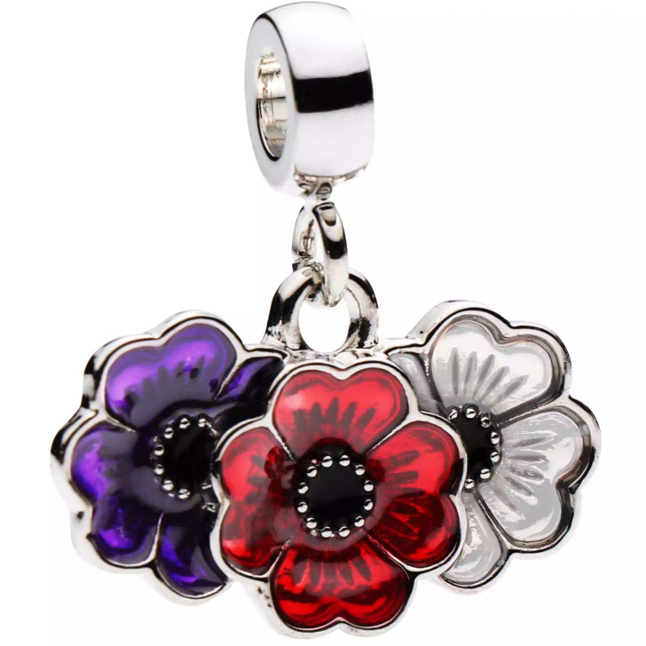 Silver-plated Red, White and Purple Poppy Charm