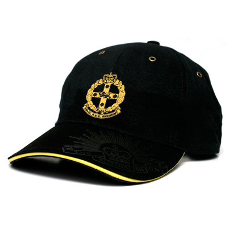 RNSWR Black Cap RNSWR Black Cap This Royal New South Wales Regiment (RNSWR) cap is both stylish and practical with its cool looks. Buy now from the military specialists. This quality heavy brushed cotton cap has the RNSWR crest embr