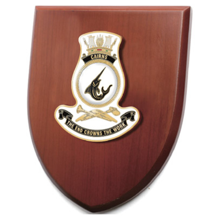 HMAS Cairns Plaque HMAS Cairns Plaque An Exceptional HMAS Cairns Plaque order now. This beautiful plaque features a 100mm full colour enamel crest set on a 200x160mm timber finish shield. Presented in a stylish silver gift box with form c