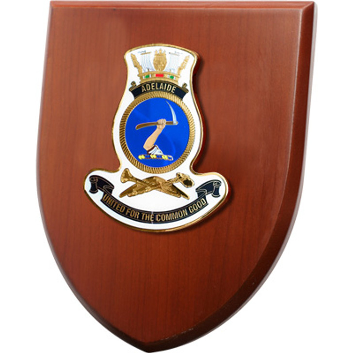 HMAS Adelaide Plaque An Exceptional HMAS Adelaide Plaque order now. This beautiful plaque features a 100mm full colour enamel crest set on a 200x160mm timber finish shield. Presented in a stylish silver gift box with form