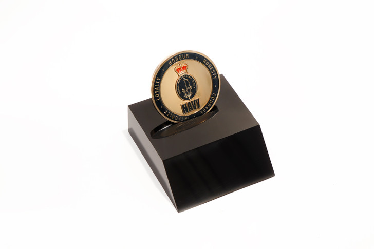 Navy Medallion In Stand Navy Medallion In Stand Superb Navy 48mm medallion presented in a black acrylic desk stand. Order now, the block is presented in a form cut gift box making it perfect for awards, presentations or that special gift. Specifica 