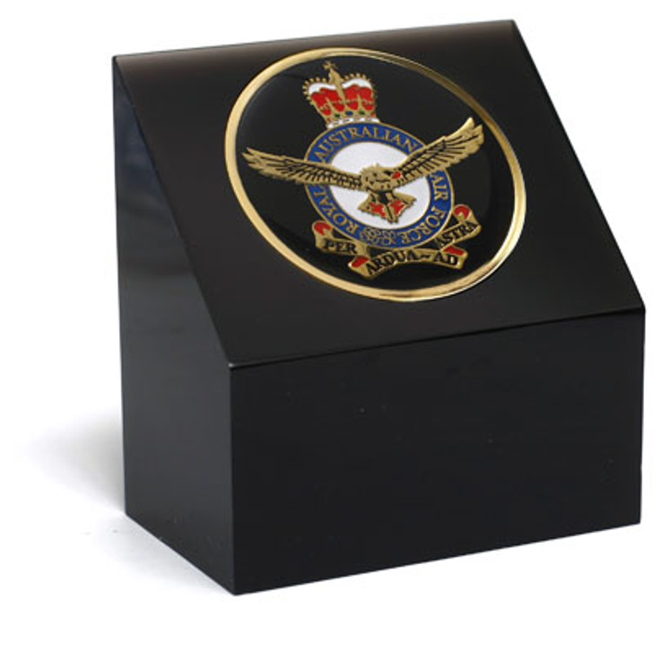 Air Force Medallion In Block Superb Air Force 48mm medallion presented in a black acrylic desk block. Order now, the block is presented in a form cut gift box making it perfect for awards, presentations or that special gift. Spec