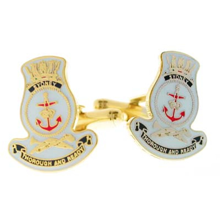 HMAS Sydney Cuff links HMAS Sydney 20mm full colour enamel cuff links. Order now from the military specialists. These beautiful gold plated cuff links are the perfect accessory for work or functions.