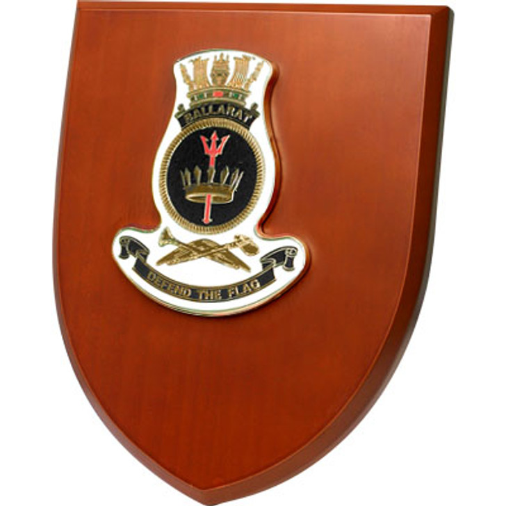 HMAS Ballarat Shield Plaque HMAS Ballarat Shield Plaque An Exceptional HMAS Ballarat Plaque order now. This beautiful plaque features a 100mm full colour enamel crest set on a 200x160mm timber finish shield. Presented in a stylish silver gift box with form