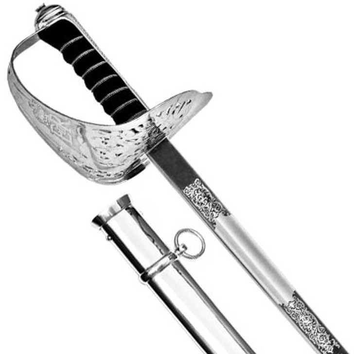 Windlass Infantry Sword with Nickel Plated Scabbard - Stainless Steel (Queens Cypher) Infantry Sword with Nickel Plated Scabbard (Windlass S/Steel) Worn and used by British Regiments without modification since 1897 this magnificent, traditional twin-edged sword consists of a straight stainless steel blade finely acid-etched with the regimental cr