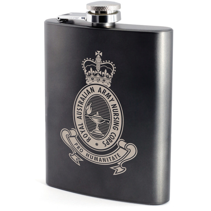 RAANC Hip Flask RAANC Hip Flask Royal Australian Army Nursing Corps (RAANC) crest engraved on a stylish gunmetal grey hip flask. This modern, yet classic hip flask is the perfect gift for any occasion. Stylishly presented in a lined