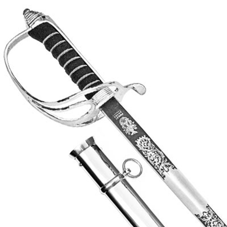 Windlass Artillery Sword with Nickel Plated Scabbard - Stainless Steel (Queens Cypher) Artillery Sword with Nickel Plated Scabbard (Windlass S/Steeel) The design and pattern of this Windlass Stainless Steel Royal Artillery Officer's sword harks back to 1822 when this distinctive and slightly curved, spear-pointed blade was first used by the Light Ca