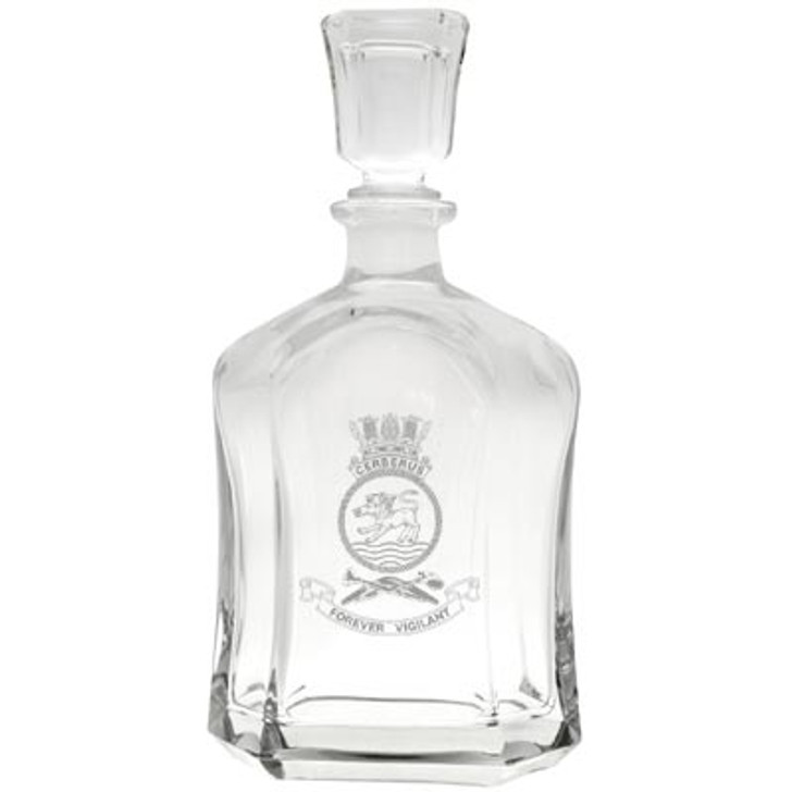 HMAS Cerberus Italian Glass Decanter HMAS Cerberus Italian Glass Decanter HMAS Cerberus crest etched on a stylish 750ml decanter from Military Shop. Order online now. This high quality Italian glass decanter will look perfect in you cabinet or on your bar. 