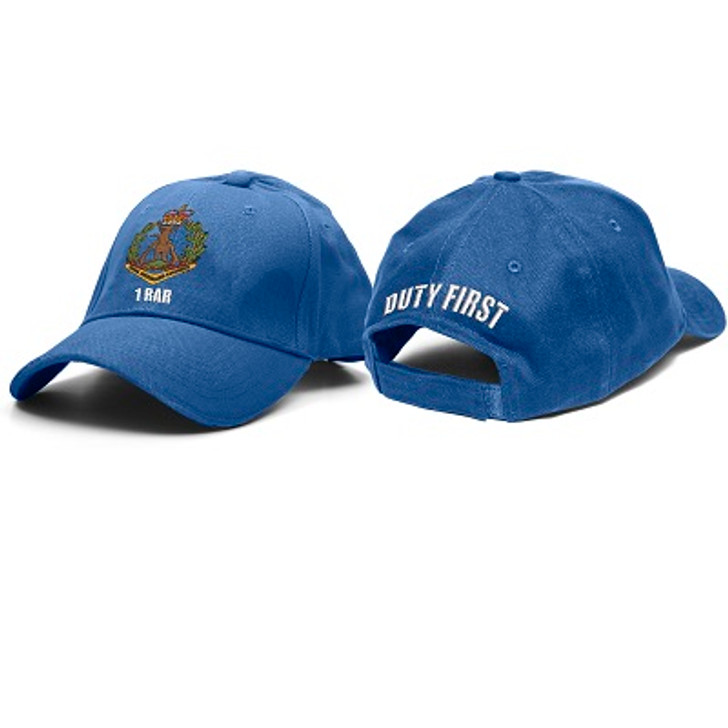 1 RAR Crest Royal Blue Cap 1 RAR Crest Royal Blue Cap 1st Battalion Royal Australian Regiment (1RAR) Blue Cap . Heavy brushed cotton cap with the 1 RAR Crest embroidered on the front and Duty First embroidered on the back. Hook and Loop adjustment to fit