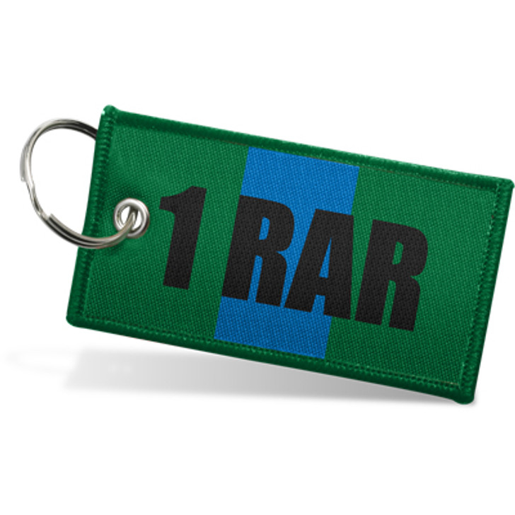 1 RAR Key Tag 1st Battalion Royal Australian Regiment (1RAR) Key Tag. Woven key tag with 1 RAR over the colour patch.