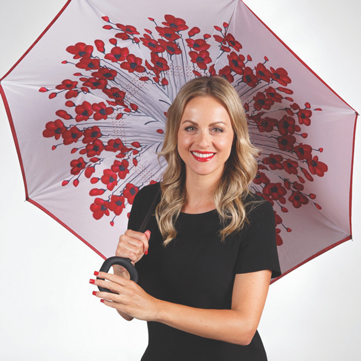 Poppy Mpressions Fields of Poppies Reversible Umbrella Windproof and reversible umbrella featuring poppy design inspired by the poignant artwork of Australian artist Naomi Crowther This umbrella is designed to not fly away in the wind and folds inwards to