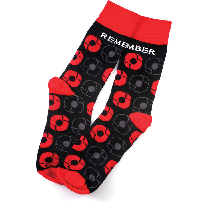 Remembrance Socks Remembrance Socks Wear these socks with pride and remember every day. This pair of woven cotton socks feature beautiful vibrant red poppies and combine comfort and remembrance every time you wear them. A wonderful gift