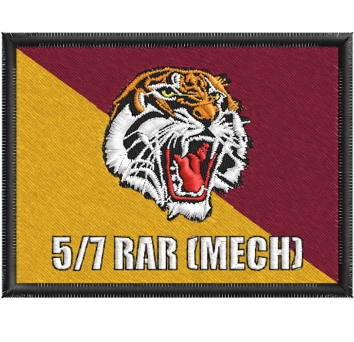 5/7 RAR (MECH) Patch 5/7 RAR (MECH) Patch 5/7 RAR Mech Woven  Patch 75 x 55mm. Quality woven front with Hook-and-loop back. A classic patch for collection or casual wear.