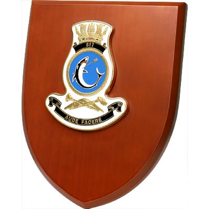 HMAS Albatross 817 Squadron Plaque An Exceptional 817 Squadron Plaque order now. This beautiful plaque features a 100mm full colour enamel crest set on a 200x160mm timber finish shield. Presented in a stylish silver gift box with form