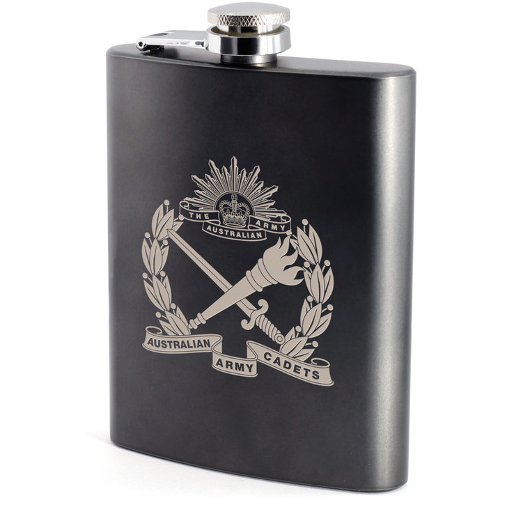 AAC Hip Flask AAC Hip Flask Australian Army Cadets (AAC) crest engraved on a stylish gunmetal grey hip flask. This modern, yet classic hip flask is the perfect gift for any occasion. Stylishly presented in a lined silver box wit