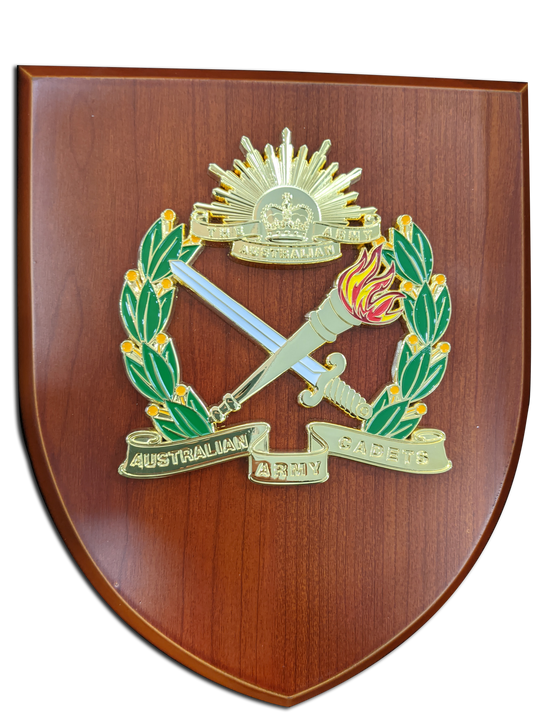 AAC Plaque AAC Plaque An Exceptional Australian Army Cadet (AAC) Plaque order now. This beautiful plaque features a 100mm full colour enamel crest set on a 200x160mm timber finish shield. Presented in a stylish silver gift