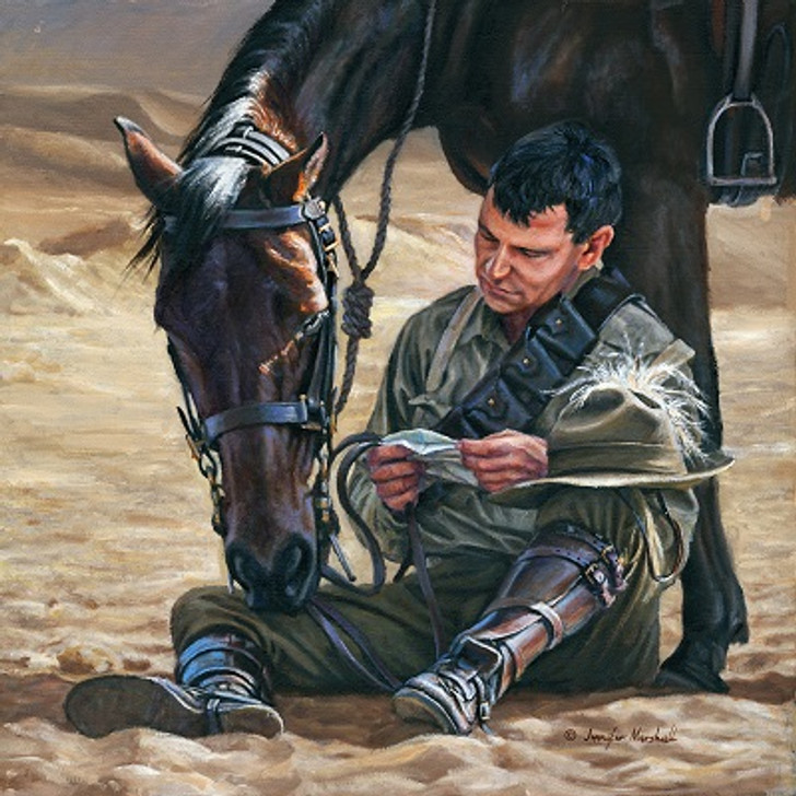 The Letter Print 30 x 30 While resting upon the desert sand in the shade of his horse during one of their regulation 10 minutes stops, this Light Horseman has pulled from his pocket a letter, and leant against his horse's fro