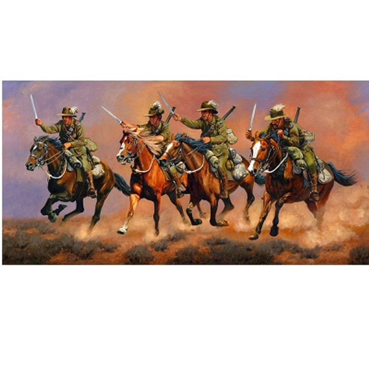 The Charge Print 30 x 60 Pictured are just one section of two regiments of Australian Light Horse that on the 31st of October 1917, braved shell and machine-gun fire to gallop over 3 miles of open plain, and with bayonets dra