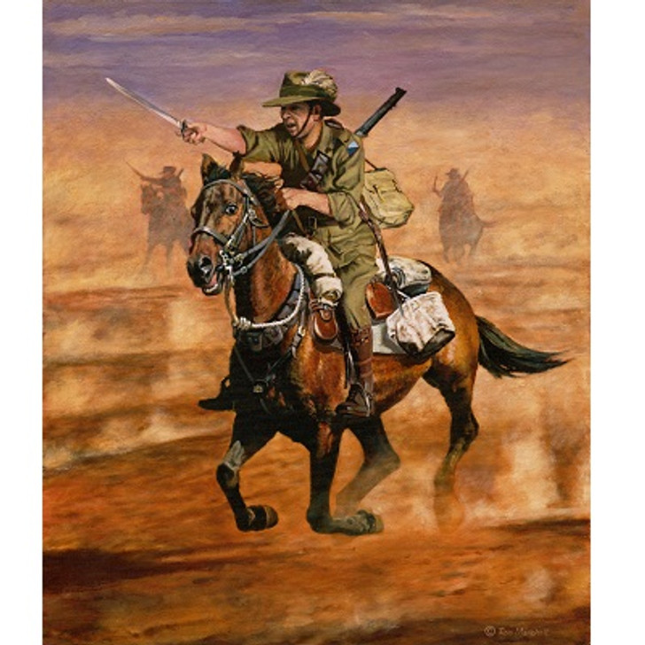 Light Horseman Print 40 x 34.1 This painting depicts an Australian Light Horseman on his gallant Waler galloping across the dusty Palestinian plain just on sunset. The Light Horseman is yelling and brandishing his bayonet. They are
