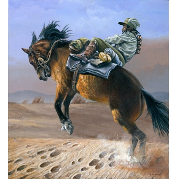 About To Lose It Canvas Print 53.1 x 50 About To Lose It Canvas Print 53.1 x 50 The rider of this horse is about to lose his seat and hit the dust. For a few Light Horsemen who had been issued a particularly strong willed mount, the scene  shown in this painting was a regular dai