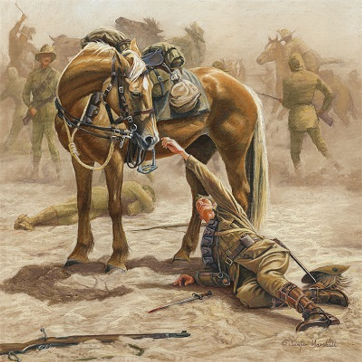 Taffy Waits Canvas Print 60 x 60 This painting was inspired by this story below, which depicts the close bond between the Australian Light horsemen and their Walers.Pictured are Corporal Austin Edwards, his horse Taffy, and all equip