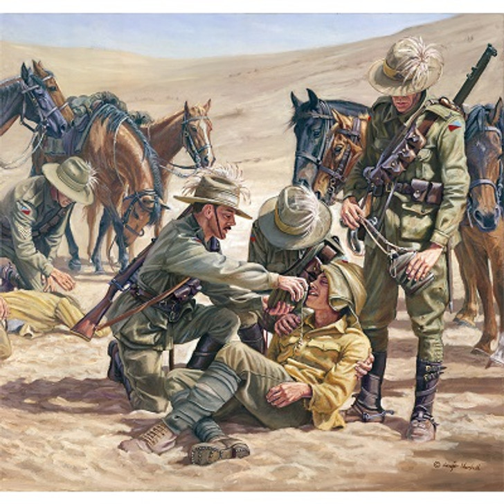 You Gave Me Your Water Print 38 x 40 You Gave Me Your Water Print 38 x 40 This  is one of a series of paintings depicting the saving of sixty-eight Turks; it shows the compassion of the Light horsemen as they raise the near dead Turks from the burning sand and give them the