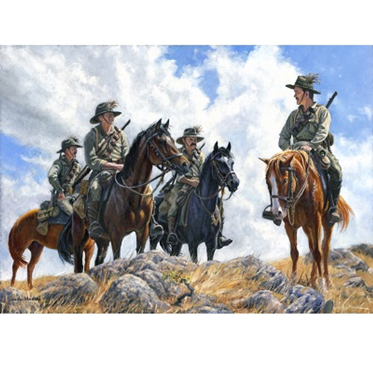 On Outpost Print 21.5 x 30 This section on outpost duty have positioned themselves on a rocky ridge that gives them a commanding view of the area. On the lookout for enemy incursions or ambushes, they are ready to ride at a mom