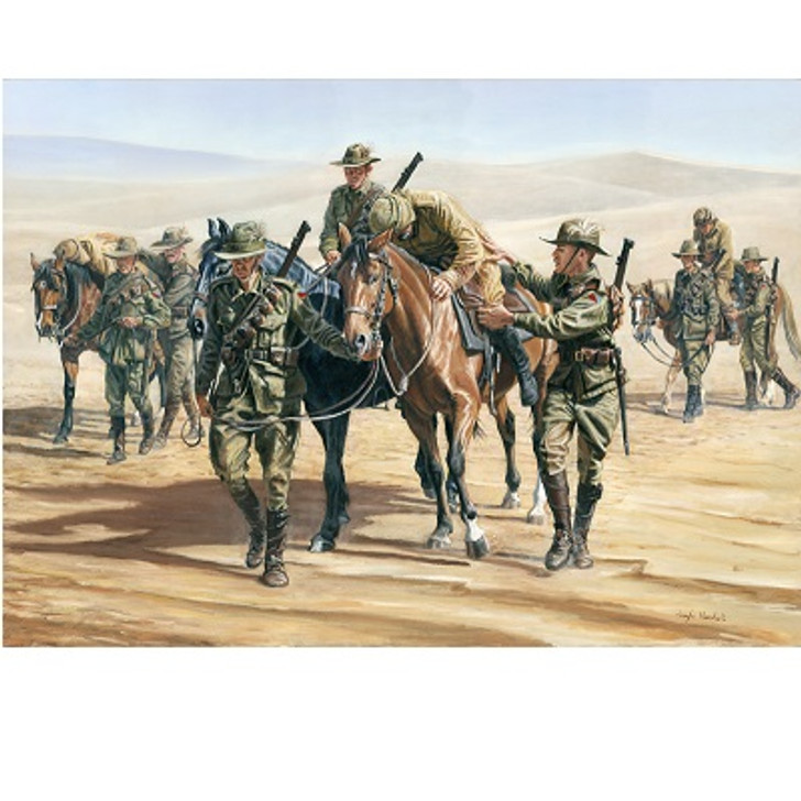 Upon Your Mount You Carry Me Canvas Print 60 x 84.5 Upon Your Mount You Carry Me Canvas Print 60 x 84.5 This  is one of a series of paintings depicting the saving of sixty-eight Turks; it shows the compassion of the Light Horsemen as they support the Turks upon their horses, and lead them through the de