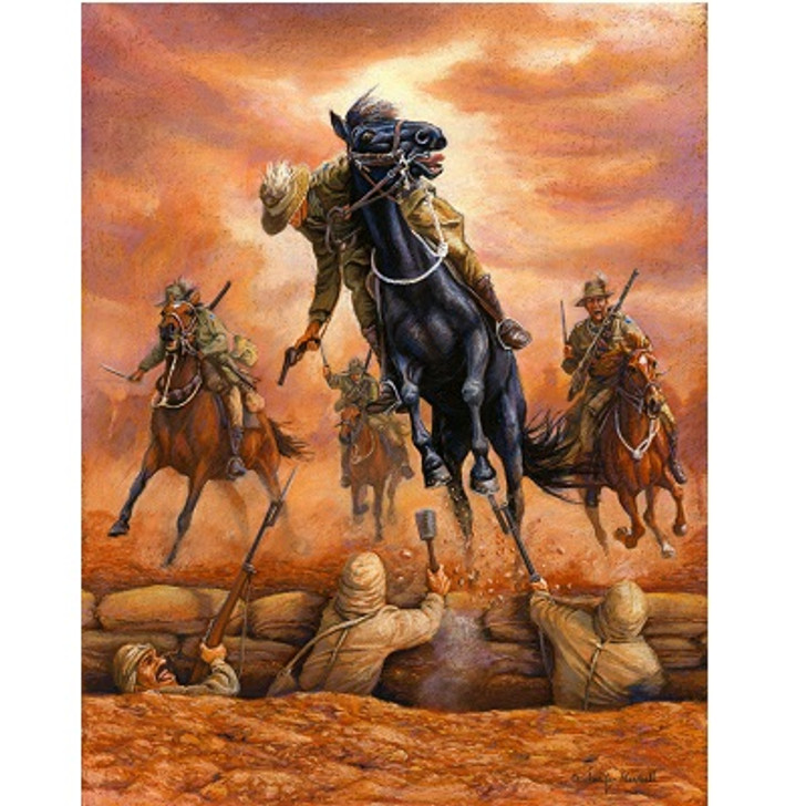 Midnights Last Charge Canvas Print 60 x 78.7 Midnights Last Charge Canvas Print 60 x 78.7 Lieutenant Guy Haydon and his magnificent black mare Midnight, came from the property "Bloomfield" in the Hunter Valley, NSW and joined the 12th Light Horse Regiment in 1915.While the Australian Light