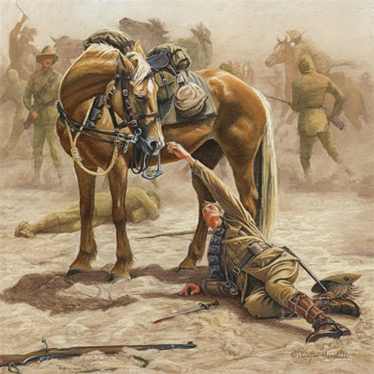 Taffy Waits Canvas Print 50 x 50 This painting was inspired by this story below, which depicts the close bond between the Australian Light horsemen and their Walers.Pictured are Corporal Austin Edwards, his horse Taffy, and all equip