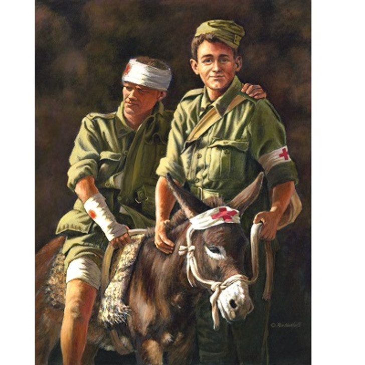 Bearing The Wounded Canvas Print 50 x 38.5 This painting is of John Simpson Kirkpatrick with his donkey Duffy, carrying a wounded ANZAC soldier to the dressing station on the beach at Gallipoli between April 24 and May 19, 1915.He was a young