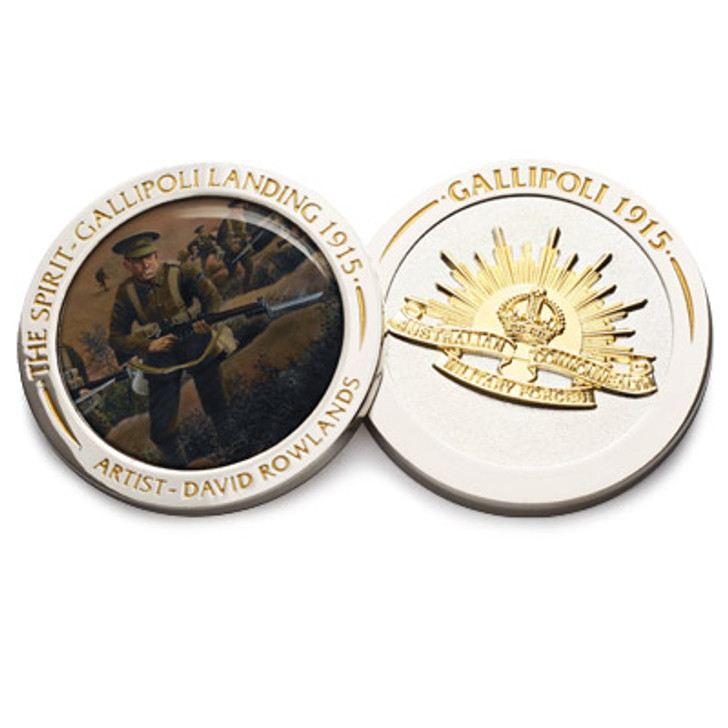 The Landing Medallion SoG 12 The beautiful Sands of Gallipoli 2012 release The Landing Medallion from the military specialists. High quality medallion with photo quality artwork from internationally renowned military artist David