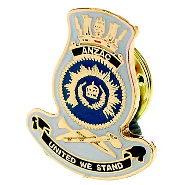 HMAS Anzac Lapel Pin The HMAS Anzac 20mm full-colour enamel lapel pin, order now from the military specialists. Displayed on a presentation card. This beautiful gold-plated lapel pin will look great on both your jacket an