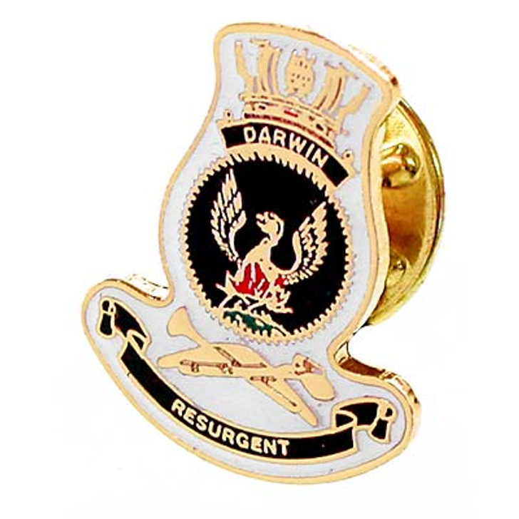 HMAS Darwin Lapel Pin HMAS Darwin Lapel Pin The HMAS Darwin 20mm full-colour enamel lapel pin, order now from the military specialists. Displayed on a presentation card. This beautiful gold-plated lapel pin will look great on both your jacket a