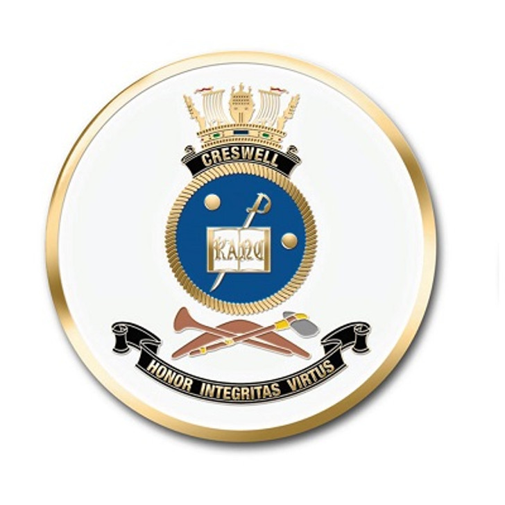 HMAS Creswell Medallion HMAS Creswell Medallion The HMAS Creswell medallion. Order now from the military specialists. This spectacular 48mm full-colour enamel medallion with the ships crest on the front and ships profile on the reverse, will start