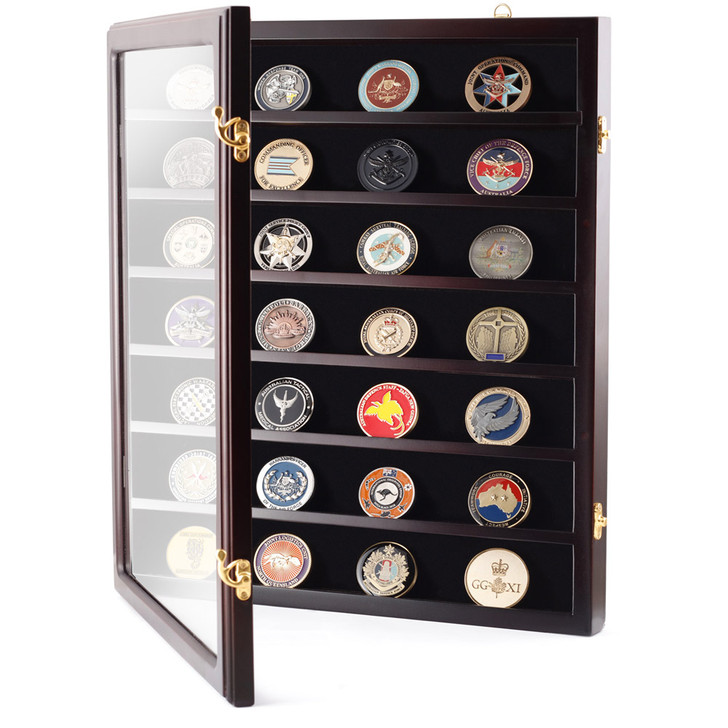 Challenge Coin Display Case This stylish 390mm x 460mm x 55mm high gloss timber veneer Challenge Coin Display Case by Master Creations is about refined quality. There are seven velvet-backed levels to vividly showcase up to 49 c