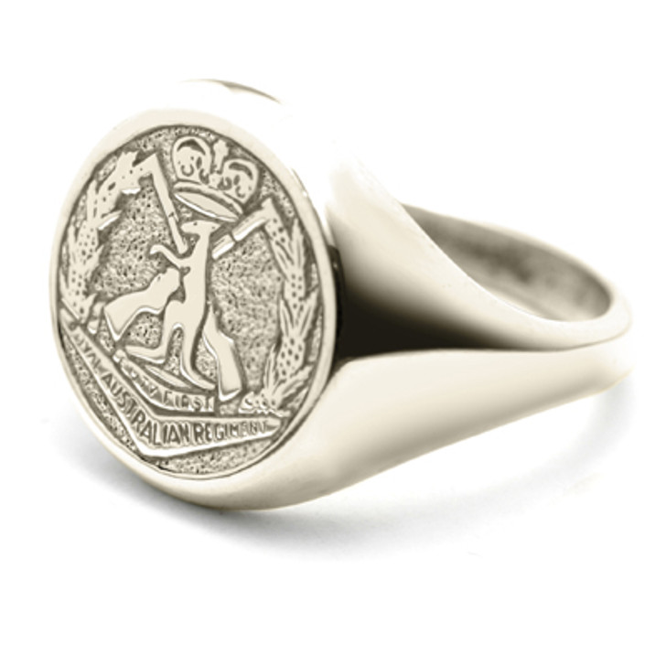 RAR 18ct White Gold Ring RAR 18ct White Gold Ring Order the stunning Royal Australian Regiment (RAR) Solid 18ct White Gold Ring today from the military specialists. Our quality rings are custom-made to order - please choose carefully as changes to or