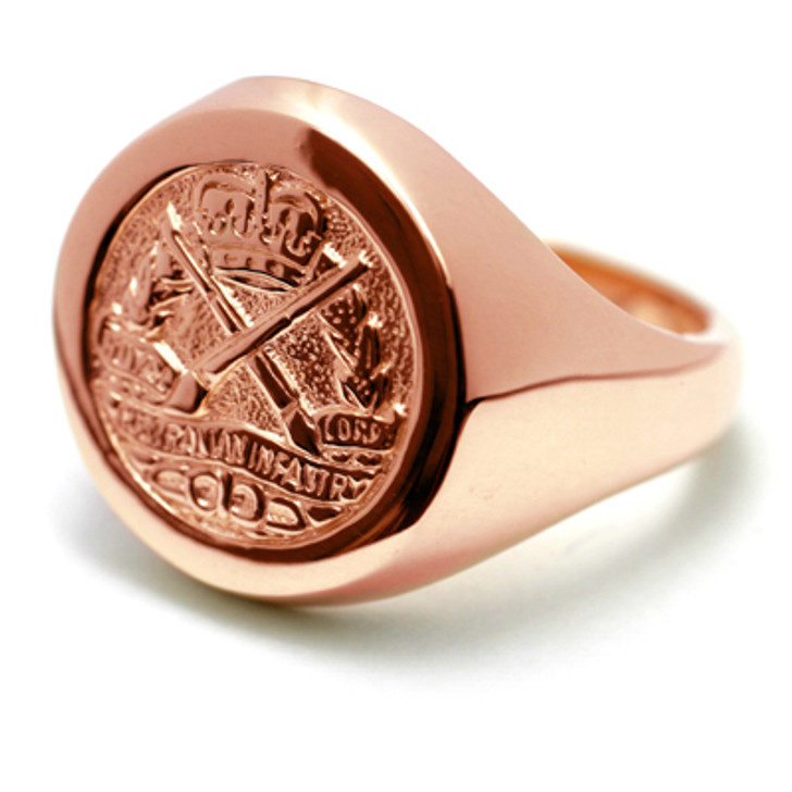 RAInf 9ct Rose Gold Ring RAInf 9ct Rose Gold Ring Order the stunning Royal Australian Infantry Corps (RA Inf) Solid 9ct Rose Gold Ring today from the military specialists. Our quality rings are custom-made to order - please choose carefully as change 