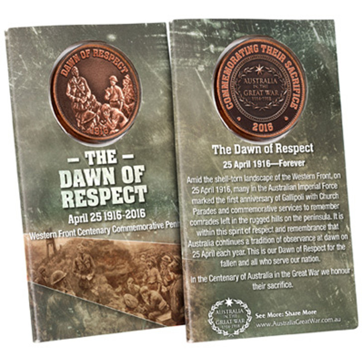 The Dawn of Respect Western Front 1916 Commemorative Penny Spectacular 32mm oxidised brass penny presented in a blister pack with information card. Amid the shell-torn landscape of the Western Front, on 25 April 1916, many in the Australian Imperial Force mar