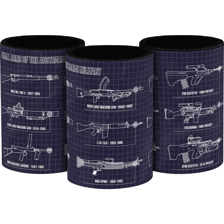 Small Arms of the Australian Military Drink Cooler This drink cooler depicts schematics for nine iconic weapons that have seen service with the Australian military. It shows the SMLE No.1 Mk III, Bren Light Machine Gun, F88 Austeyr, Lewis Light Machin