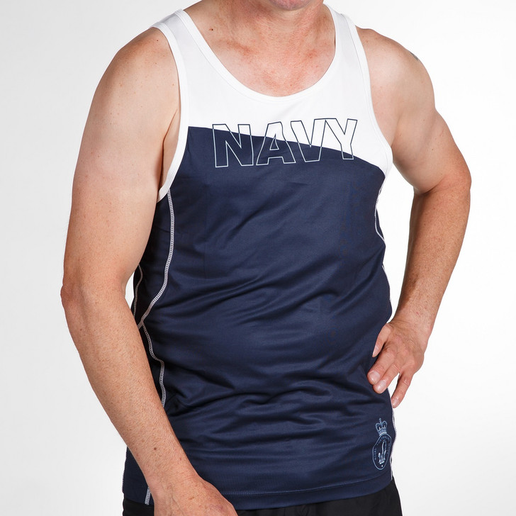 Navy Mens Singlet Blue/White Navy Mens Singlet Blue/White Stay cool during workouts with this Navy Mens Singlet in white and blue. With a great design and sturdy construction, this singlet is great for staying comfortable and dry while you work out or any ti