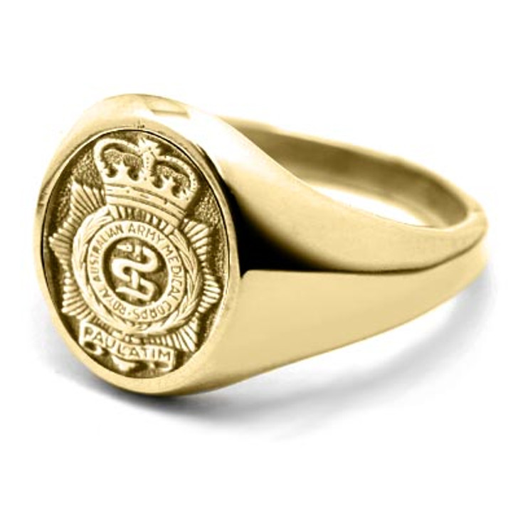 RAAMC 9ct Yellow Gold Ring RAAMC 9ct Yellow Gold Ring Order the stunning Royal Australian Army Medical Corps (RAAMC) Solid 9ct Yellow Gold Ring today from the military specialists. Our quality rings are custom-made to order - please choose carefully as c