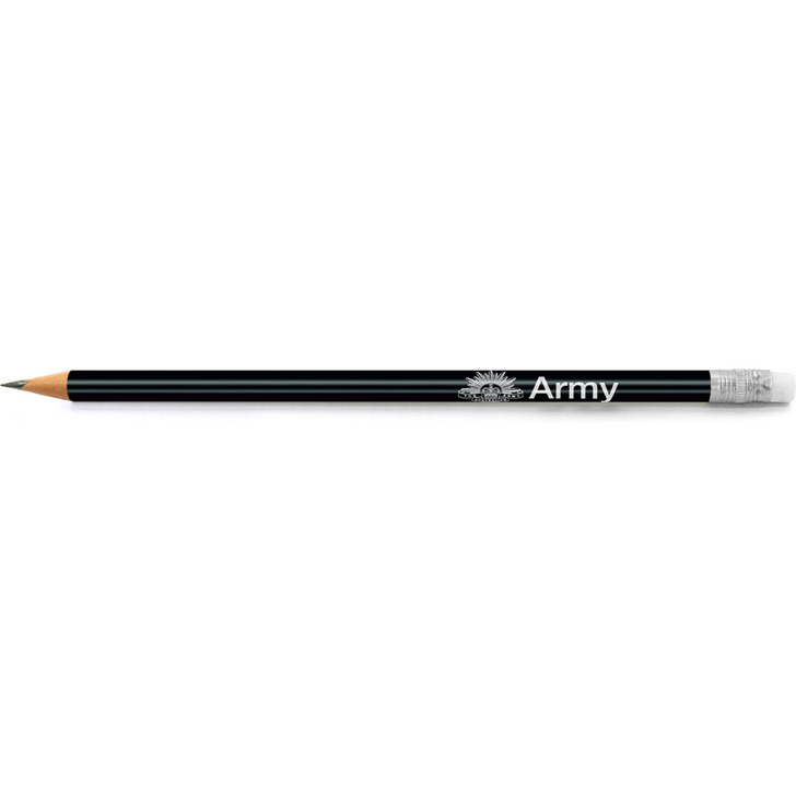 Army Brand Pencil Army Brand Pencil Order this Army branded HB pencil with an eraser today. This pencil features a black finish and a white Rising Sun badge. A perfect promotional gift item for school visits and events, order this great