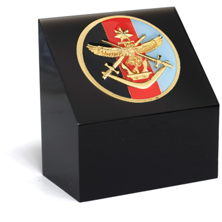 ADF Medallion In Block Superb Australian Defence Force (ADF) 48mm medallion presented in a black acrylic desk block. Order now, the block is presented in a form cut gift box making it perfect for awards, presentations or th